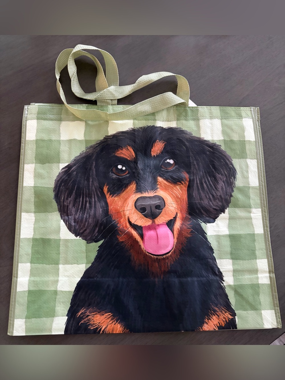 Dachshund Dog Tote Bag - Green Check with Black & Tan Design